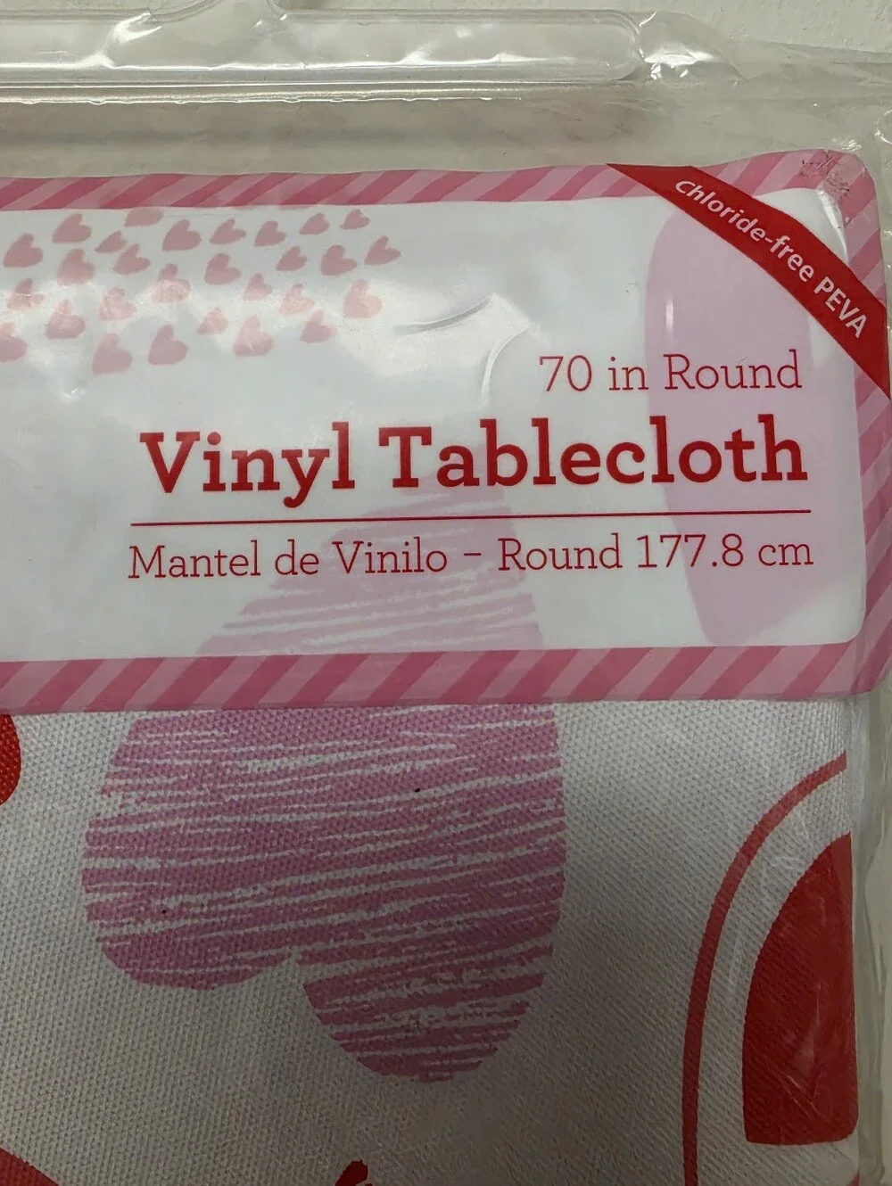 Valentines Day Heart Toss Vinyl Tablecloth Red Pink Hearts 70 inch Round